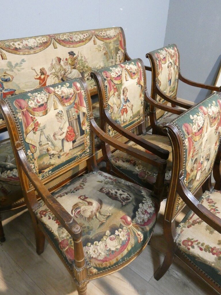 Salon d’époque Directoire en tapisserie XVIIIe siècle scènes pastorales et Fable de la Fontaine – Image 4
