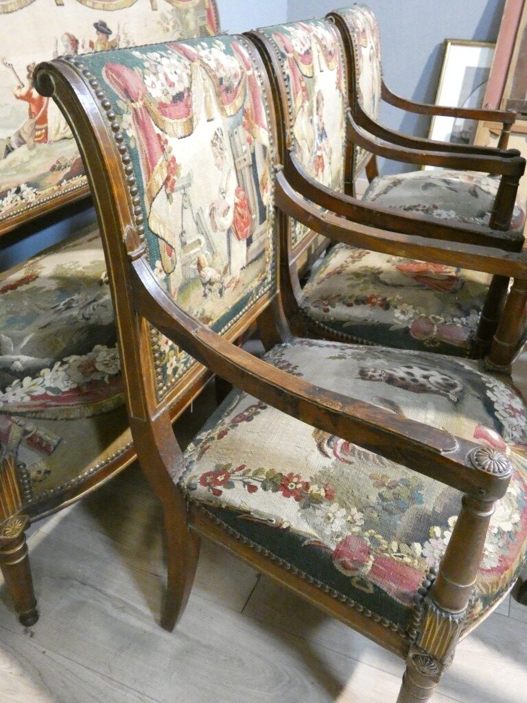 Salon d’époque Directoire en tapisserie XVIIIe siècle scènes pastorales et Fable de la Fontaine – Image 6