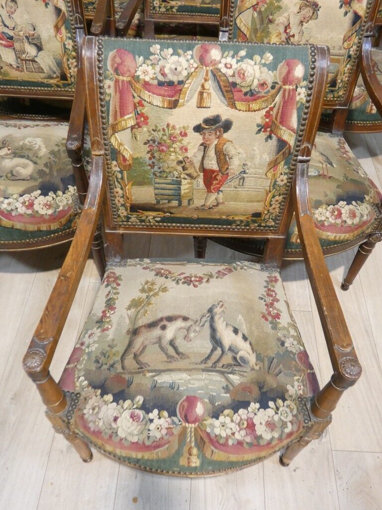 Salon d’époque Directoire en tapisserie XVIIIe siècle scènes pastorales et Fable de la Fontaine – Image 8