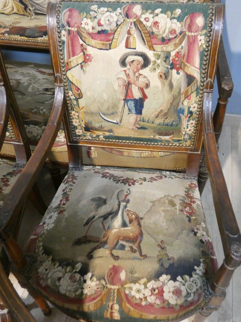 Salon d’époque Directoire en tapisserie XVIIIe siècle scènes pastorales et Fable de la Fontaine – Image 13