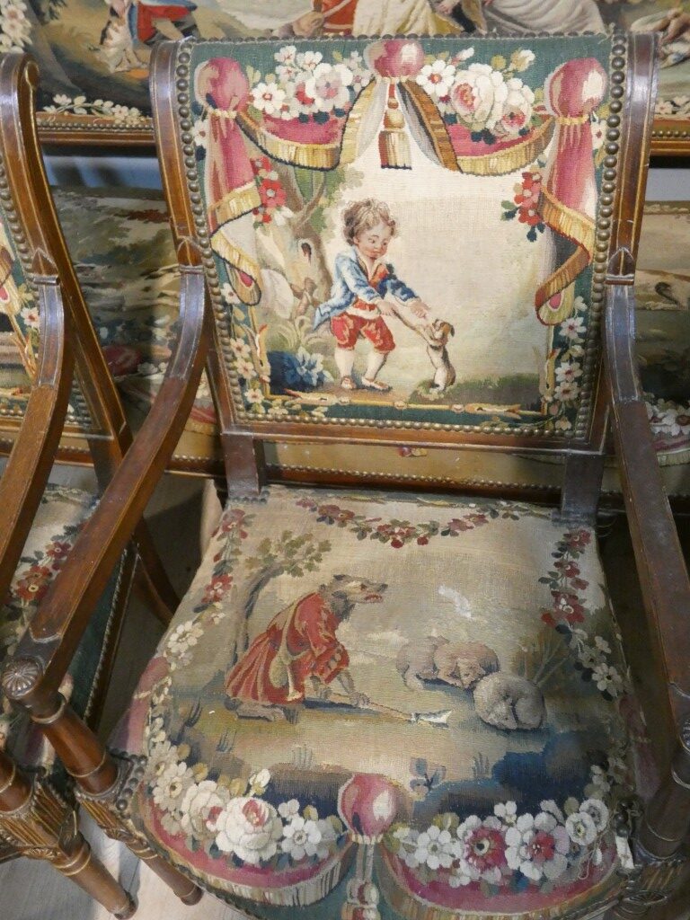 Salon d’époque Directoire en tapisserie XVIIIe siècle scènes pastorales et Fable de la Fontaine – Image 14