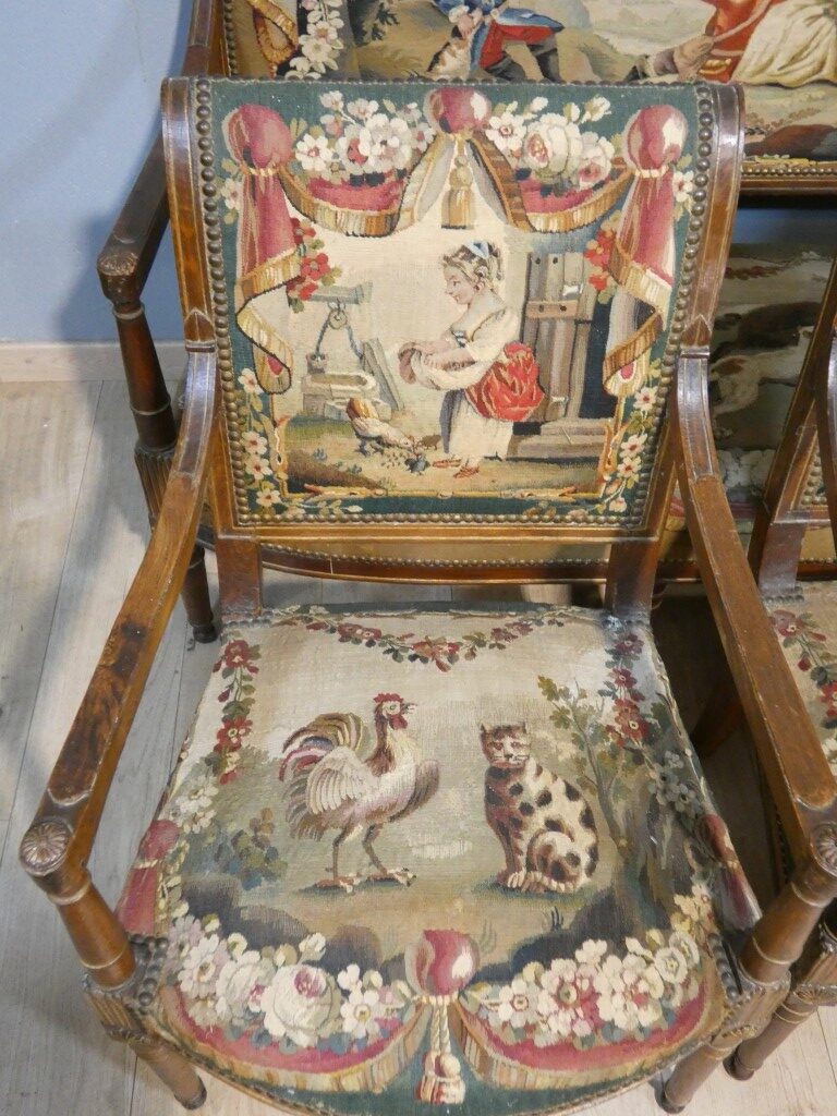 Salon d’époque Directoire en tapisserie XVIIIe siècle scènes pastorales et Fable de la Fontaine – Image 15
