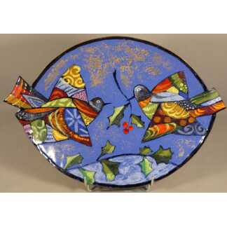 Léa Sham’s – Grande coupe en émail de Limoges aux oiseaux et au houx – 40 cm
