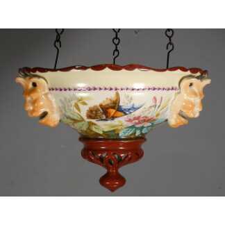 Rare jardinière suspendue en porcelaine à décor naturaliste d'oiseaux, papillons et insectes – XIX ème