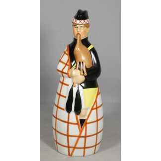 ROBJ Paris – Bouteille à liqueur Art déco « Joueur de cornemuse » en porcelaine polychrome
