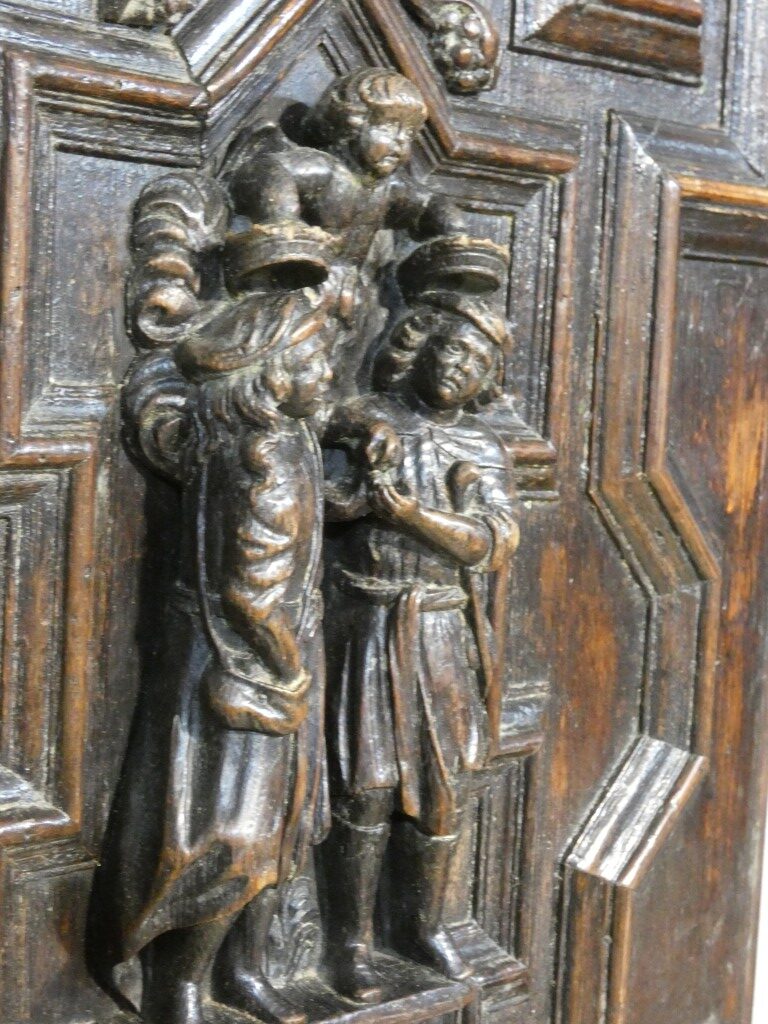 Paire de panneaux Renaissance en chêne sculpté – Scènes de Charité – Flandres, vers 1600 – Image 4