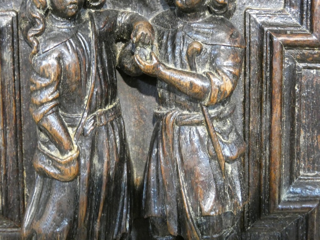 Paire de panneaux Renaissance en chêne sculpté – Scènes de Charité – Flandres, vers 1600 – Image 7