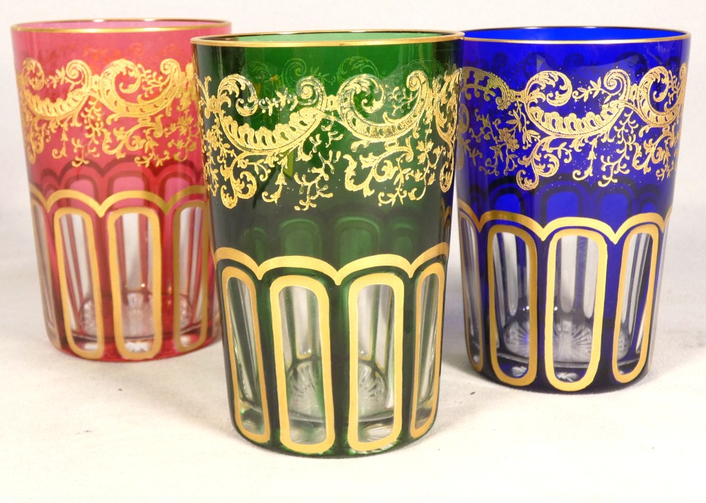 Saint Louis Rabat, 3 gobelets verres à thé en cristal double couche doré