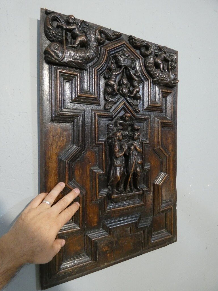 Paire de panneaux Renaissance en chêne sculpté – Scènes de Charité – Flandres, vers 1600 – Image 23