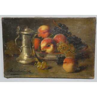 Brunel de Neuville, pêches et raisins, petite nature morte huile sur toile