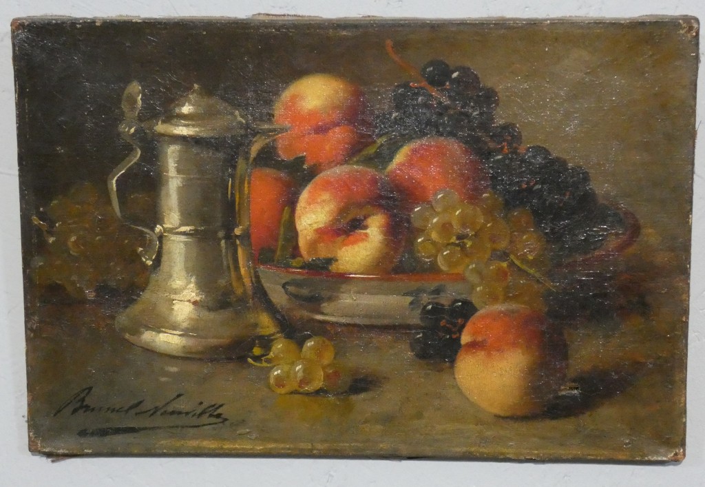 Brunel de Neuville, pêches et raisins, petite nature morte huile sur toile