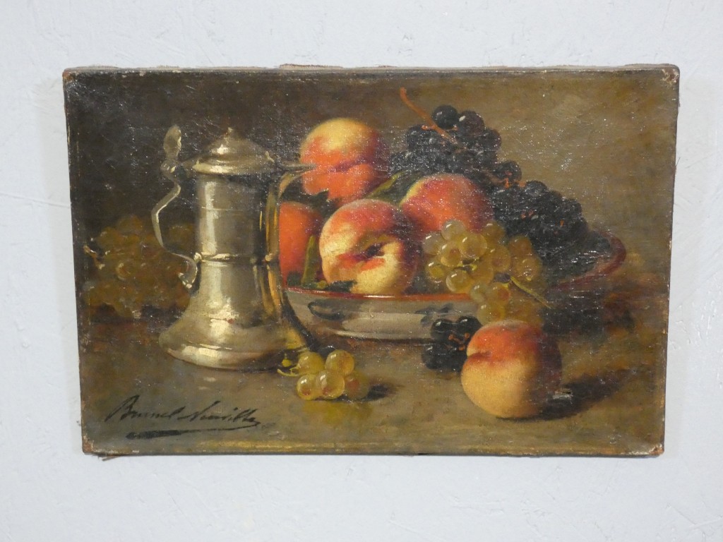 Brunel de Neuville, pêches et raisins, petite nature morte huile sur toile – Image 2