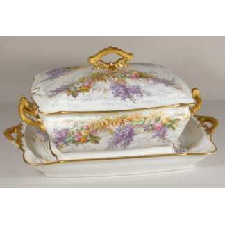 Élégant centre de table couvert en porcelaine à décor floral polychrome peint à la main – XIXe