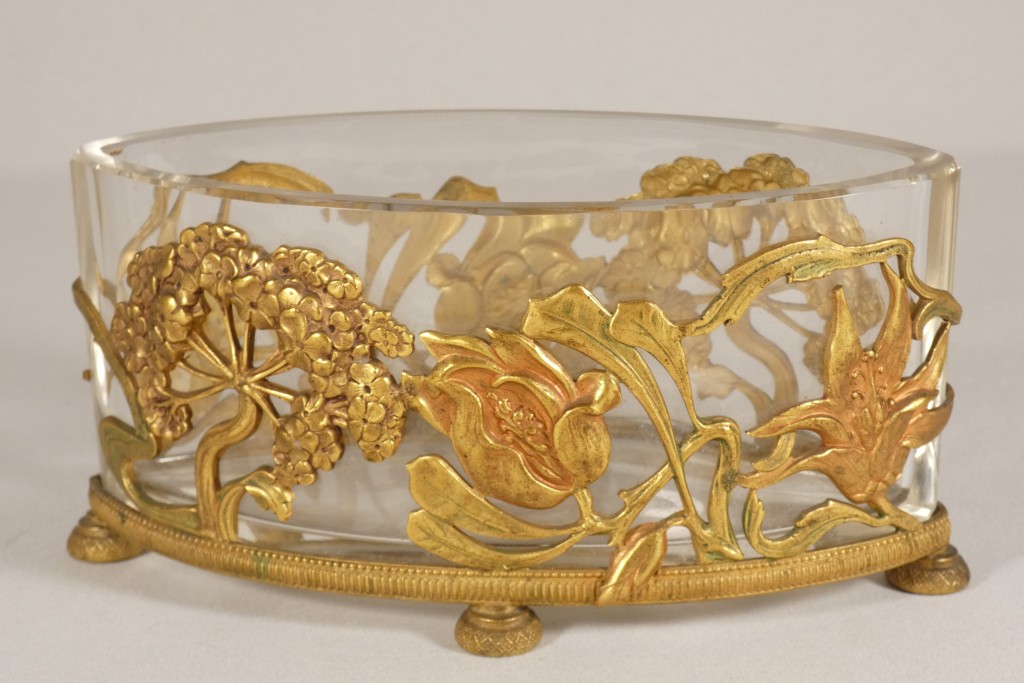 Petite jardinière de table ou centre de table Art nouveau en cristal et bronze doré – Vers 1900