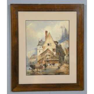 Grande aquarelle du XIXe siècle – Village médiéval animé en Normandie, chevaux et embarcations
